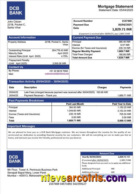India DCB Bank mortgage statement Word and PDF template